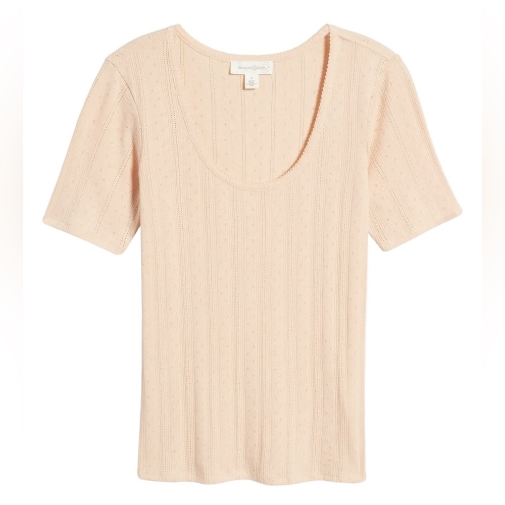 Treasure & Bond Coral Dawn Picot Trim Pointelle Short Sleeve Knit Top -Sz M, NWT